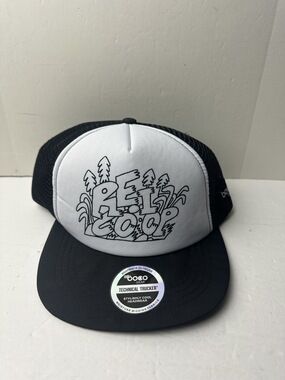 REI mesh back trucker hat with grey front panel and retro doodle graphic